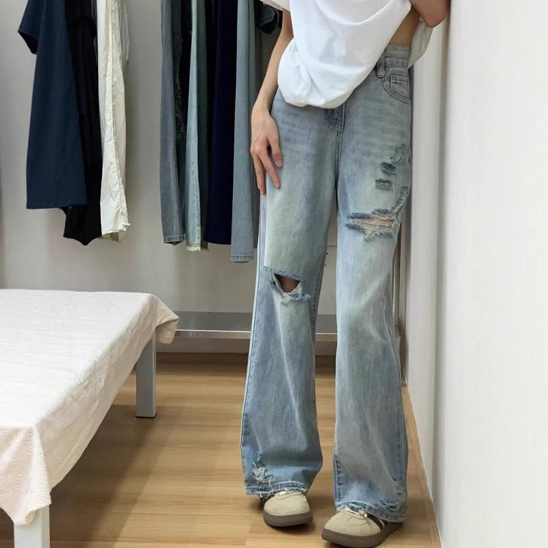Light Blue High Waisted Holey Wide Denim Pants for Women Loose and Floor Length Perfect for Small Sized Individuals