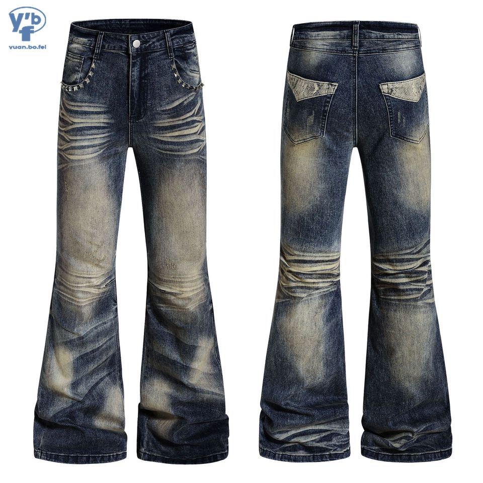 YUANBOFEI Baggy Fit Jeans Women's Vintage Washed High Waist Flare Denim Pants Studded Patch Pocket Streetwear