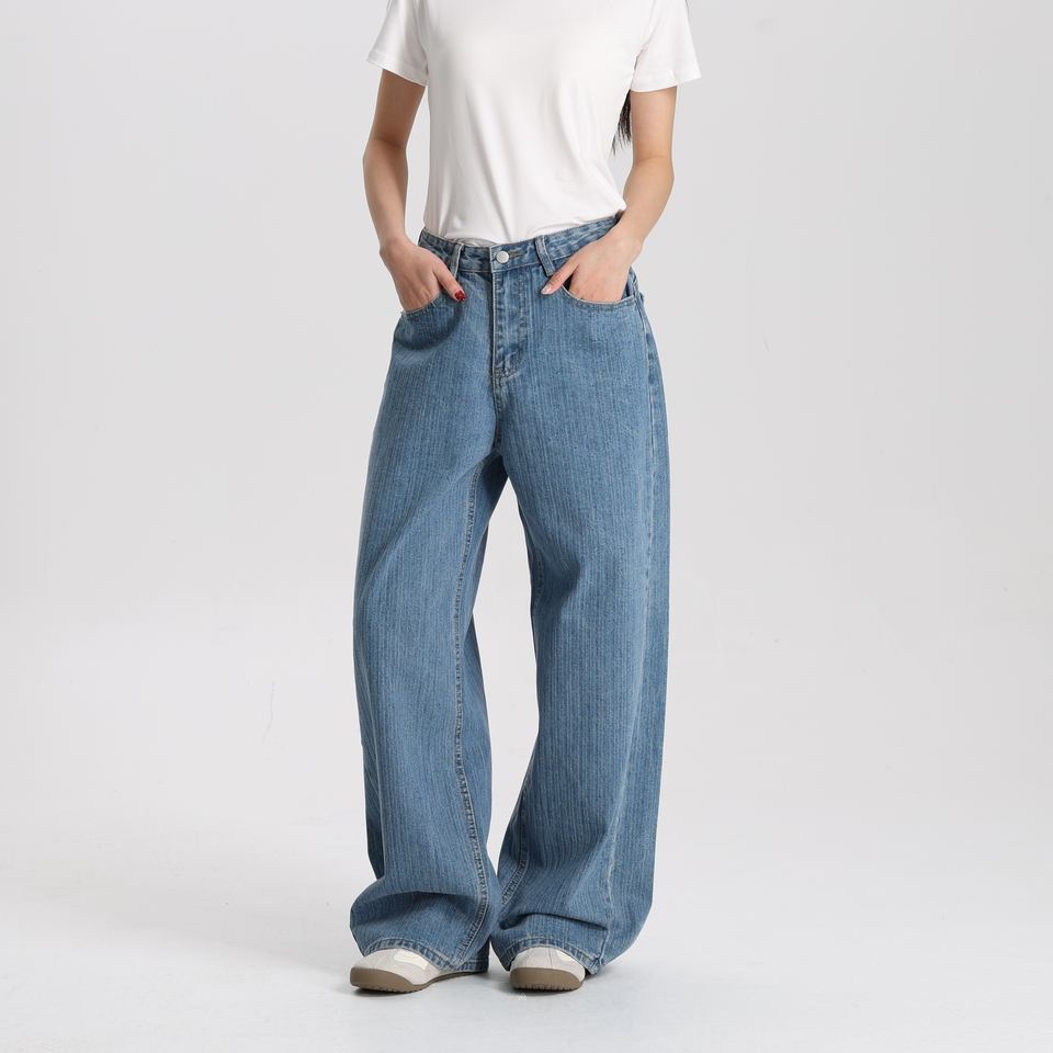 Women Light Blue Denim Wide Leg Jeans High Waist Loose Casual Textured Fabric Vintage Comfortable