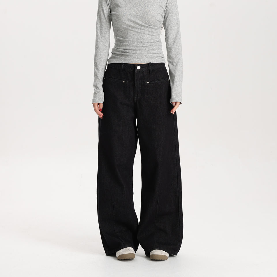 Women Black Wide Leg Jeans Mid Waist Loose Fit Casual Vintage Denim Pants Durable Structured Fabric