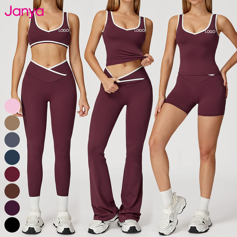 Women's Tennis Activewear Sports Clothes Cross V Waistband High Waist Yoga Leggings 2 Piece Set Colour Blocking Gym Fitness Sets