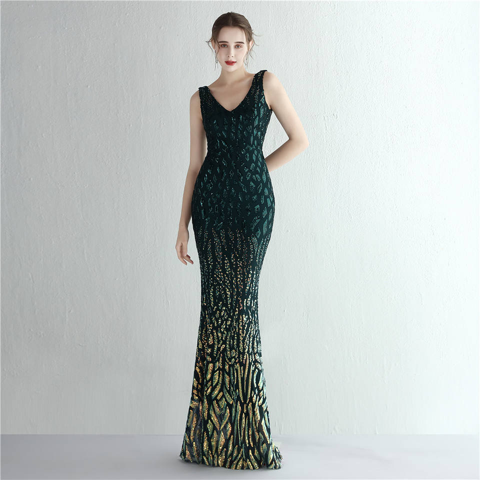 New Design Sequin Model Deep V Neck Temperament Fashion Evening Dress
