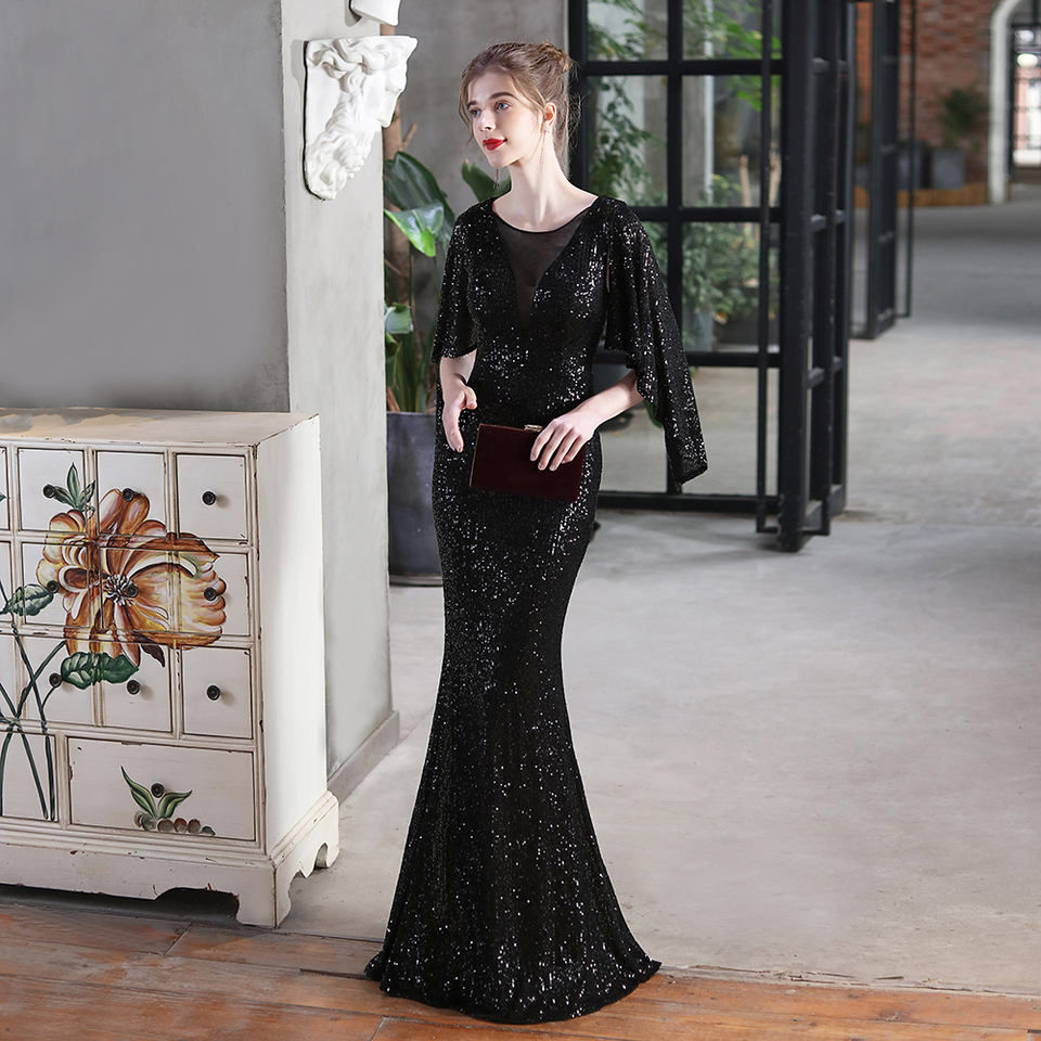 New Fashion Trumpet or Mermaid Dress Boat Neck Sequined Evening Dress Banquet Dress Draped