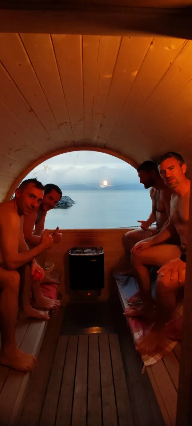 Wooden sauna with mountain view