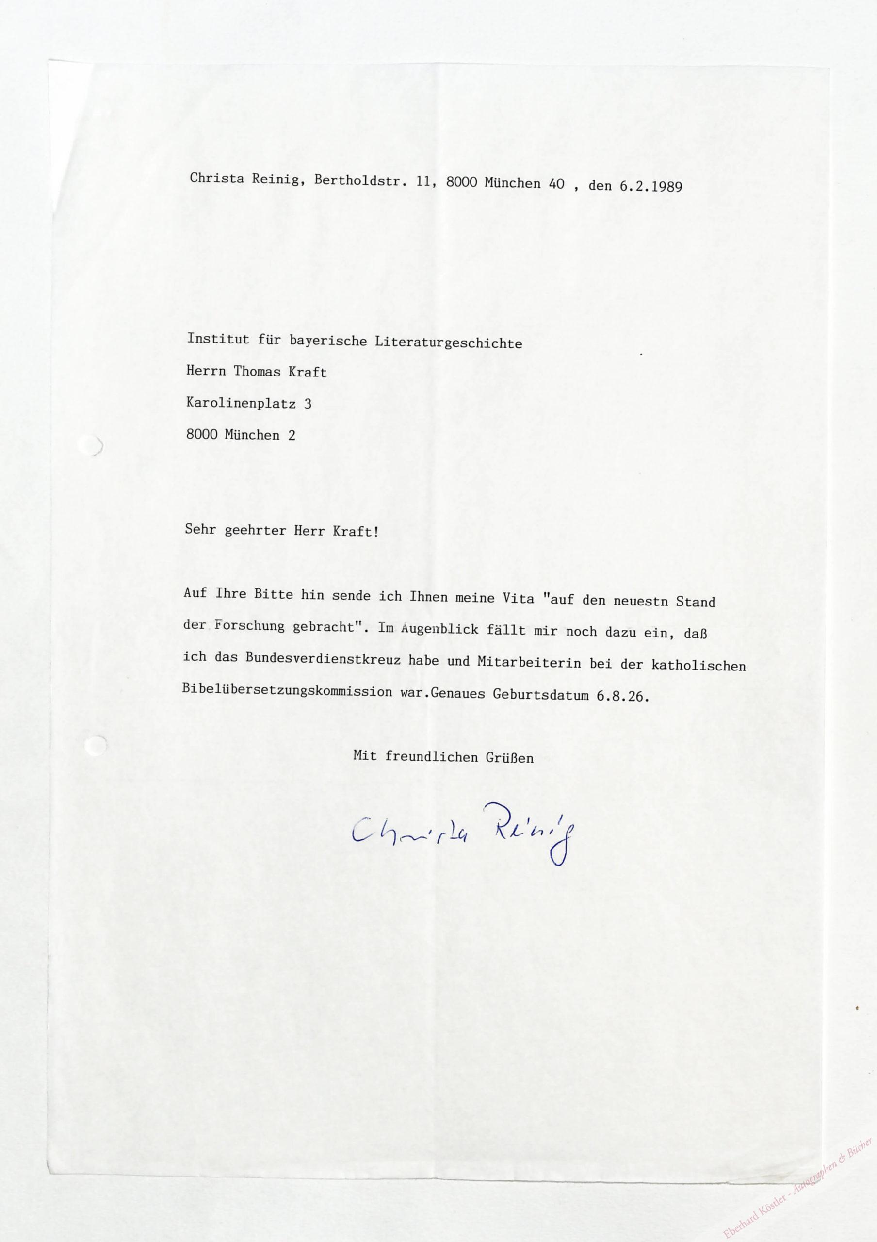 Reinig, Christa, Schriftstellerin (1926-2008). Reinig, Christa, Schriftstellerin (1926-2008).