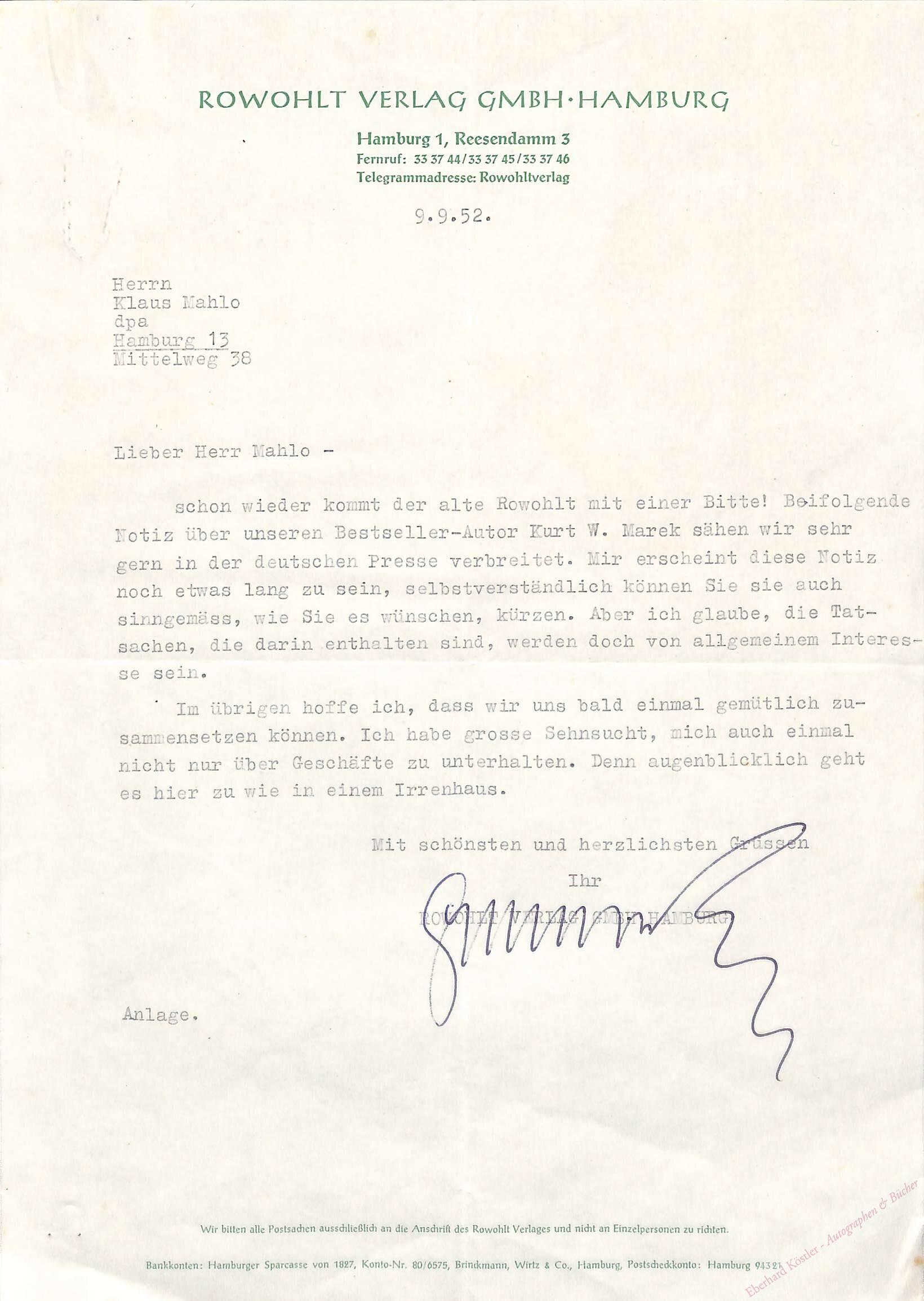 Rowohlt, Ernst, Verleger (1887-1969). Rowohlt, Ernst, Verleger (1887-1969).