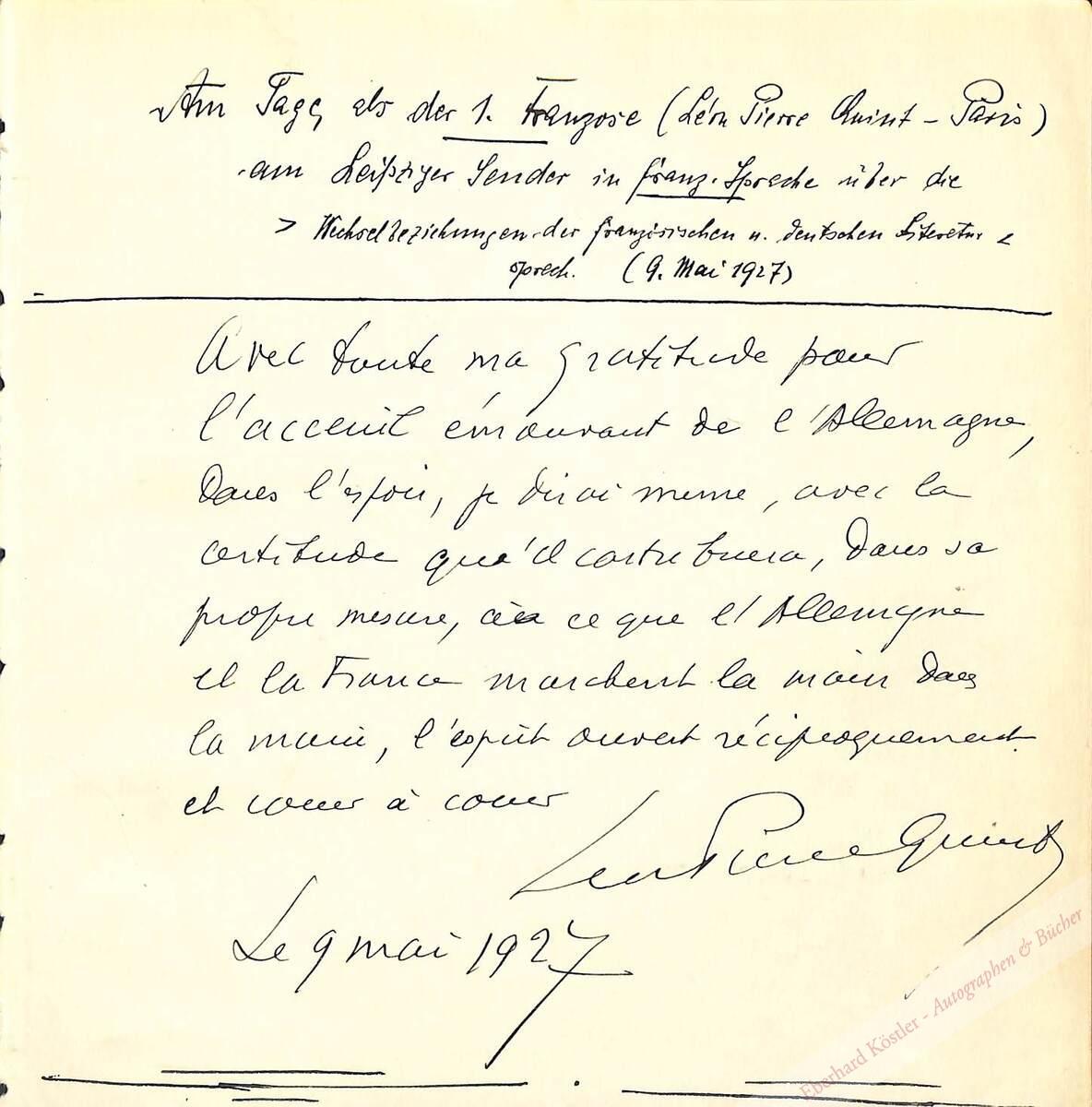Pierre-Quint, Leon (d. i. Leon Steindecker), franz.Literaturkritiker, Redakteur (1895-1958). Pierre-Quint, Leon (d. i. Leon Steindecker), franz.Literaturkritiker, Redakteur (1895-1958).
