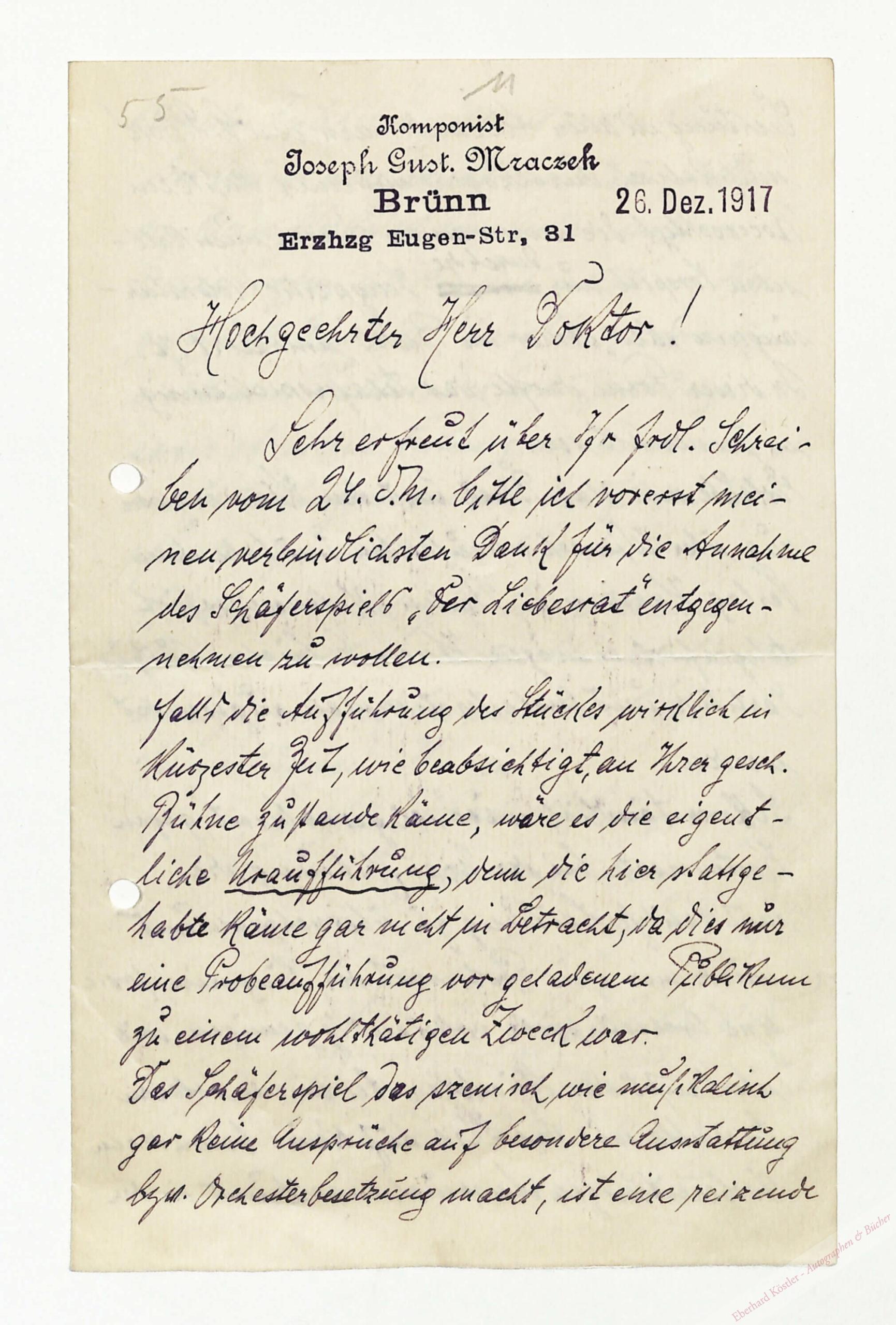 Mraczek, Joseph Gustav, Komponist und Dirigent (1878-1944). Mraczek, Joseph Gustav, Komponist und Dirigent (1878-1944).