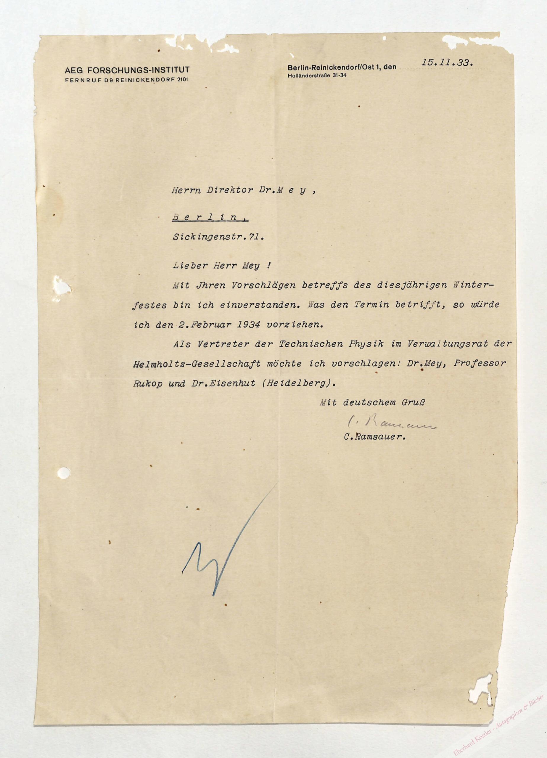 Ramsauer, Carl Wilhelm, Physiker (1879-1955). Ramsauer, Carl Wilhelm, Physiker (1879-1955).