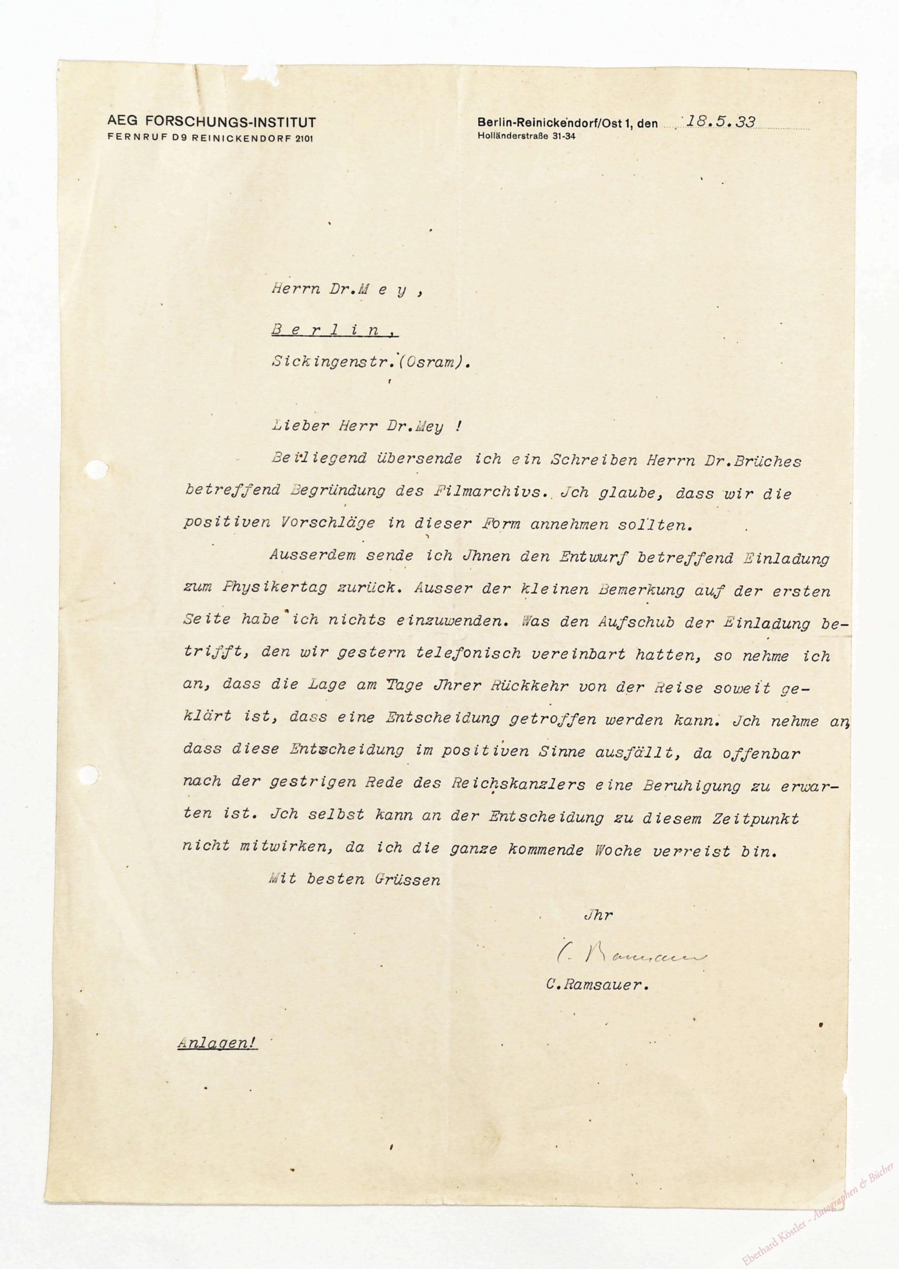 Ramsauer, Carl Wilhelm, Physiker (1879-1955). Ramsauer, Carl Wilhelm, Physiker (1879-1955).
