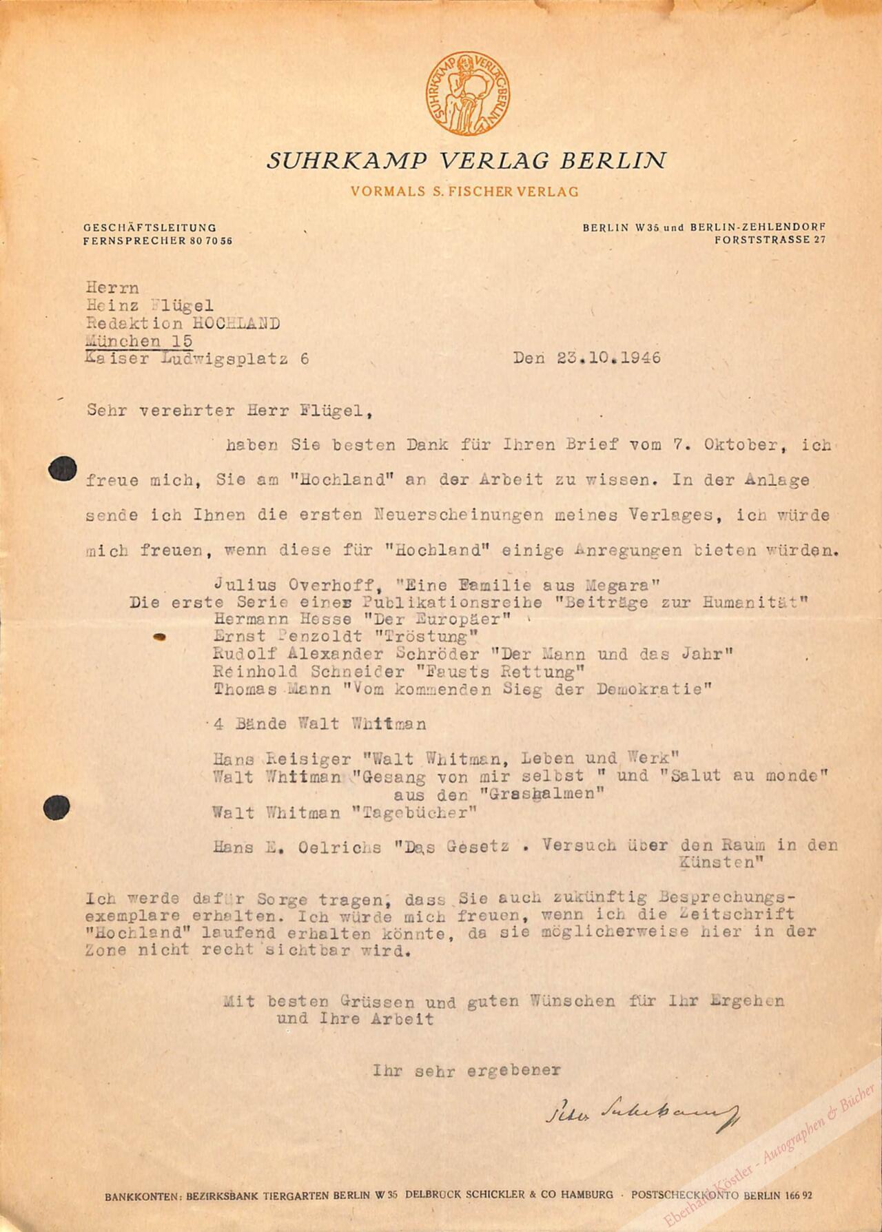 Suhrkamp, Peter, Verleger (1891-1959). Suhrkamp, Peter, Verleger (1891-1959).