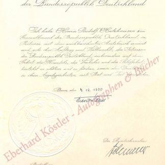 Heuss, Theodor und Konrad Adenauer, Bundespräsident und Bundeskanzler (1884-1963) und (1876-1967).