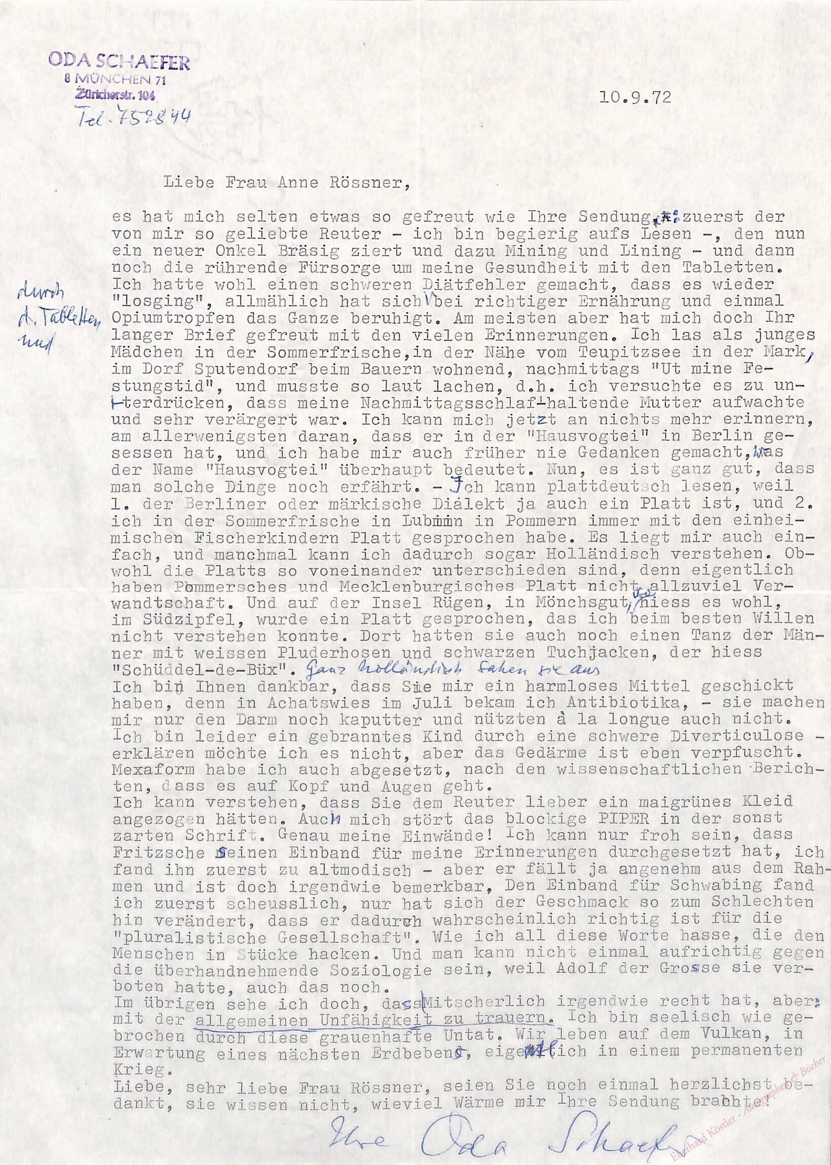 Schaefer, Oda, Schriftstellerin (1900-1988). Schaefer, Oda, Schriftstellerin (1900-1988).