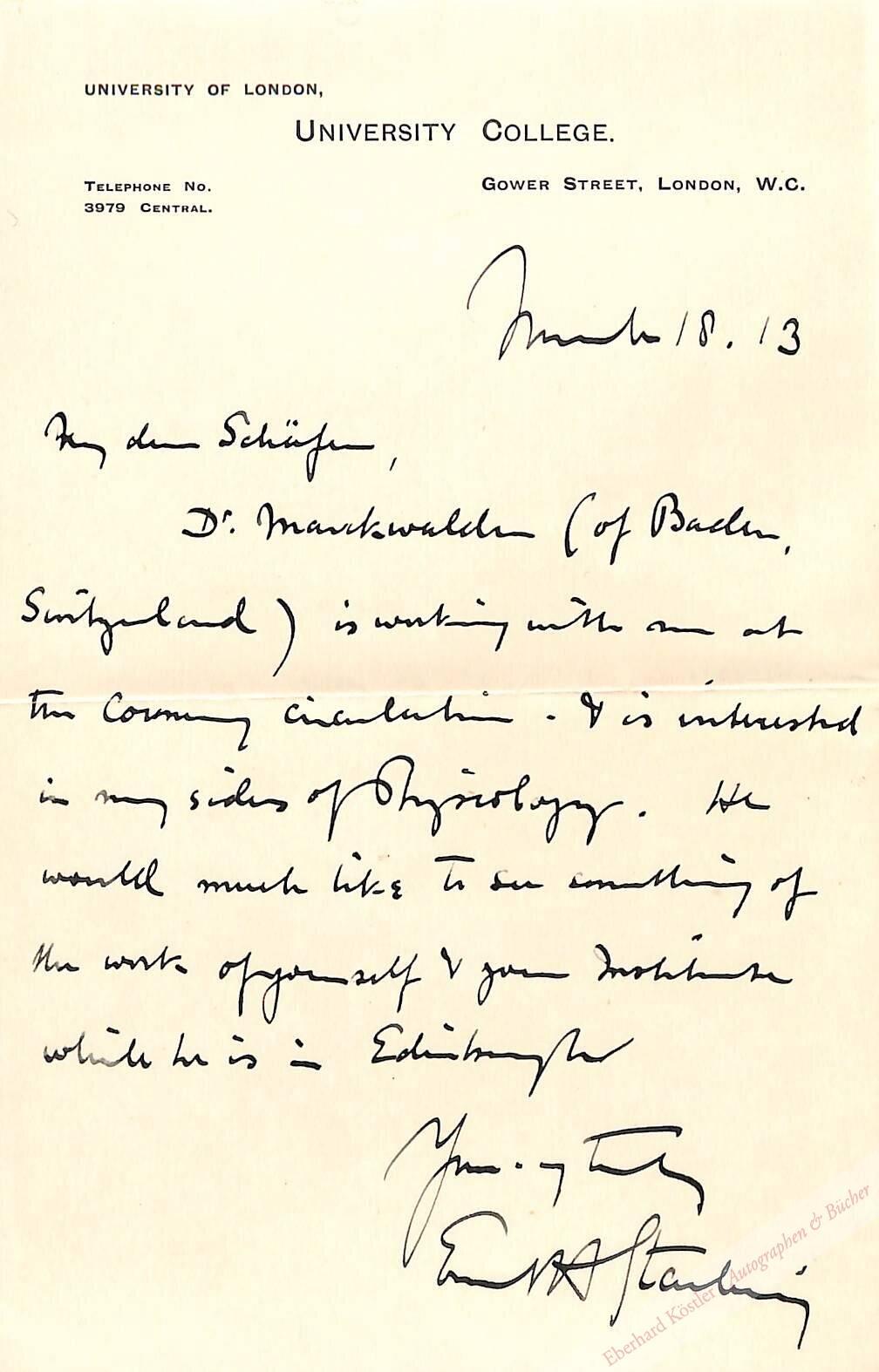 Starling, Ernest Henry, Physiologe (1866-1927). Starling, Ernest Henry, Physiologe (1866-1927).