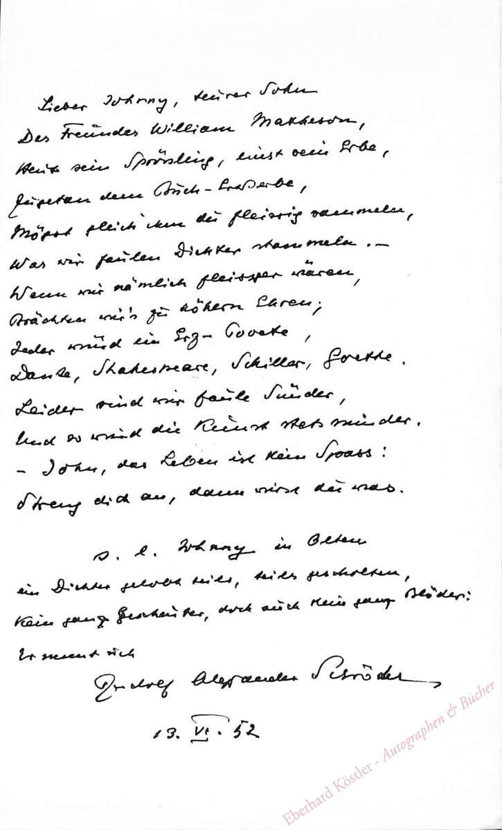 Schröder, Rudolf Alexander, Schriftsteller (1878-1962). Schröder, Rudolf Alexander, Schriftsteller (1878-1962).