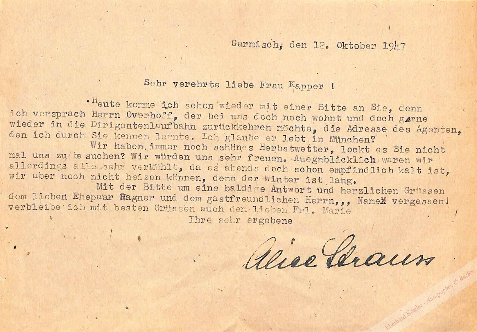 Strauss, Alice, Schwiegertochter von Richard Strauss (1904-1991). Strauss, Alice, Schwiegertochter von Richard Strauss (1904-1991).