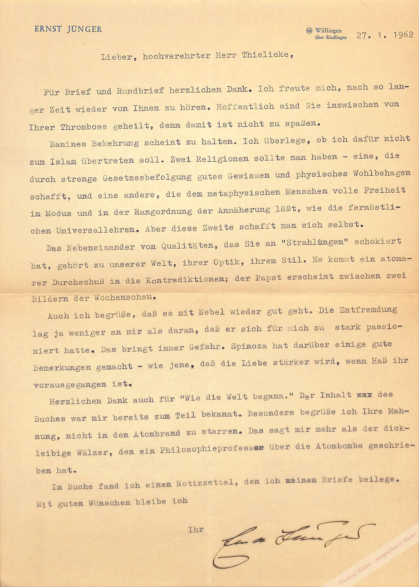 Jünger, Ernst, Schriftsteller (1895-1998). Jünger, Ernst, Schriftsteller (1895-1998).