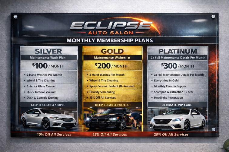 Eclipse Auto Salon monthly membership plans - Silver, Gold, and Platinum tiers with pricing and benefits