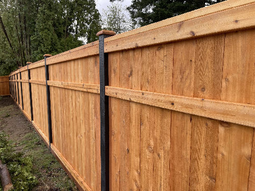 Three rail picture frame fence with black posts