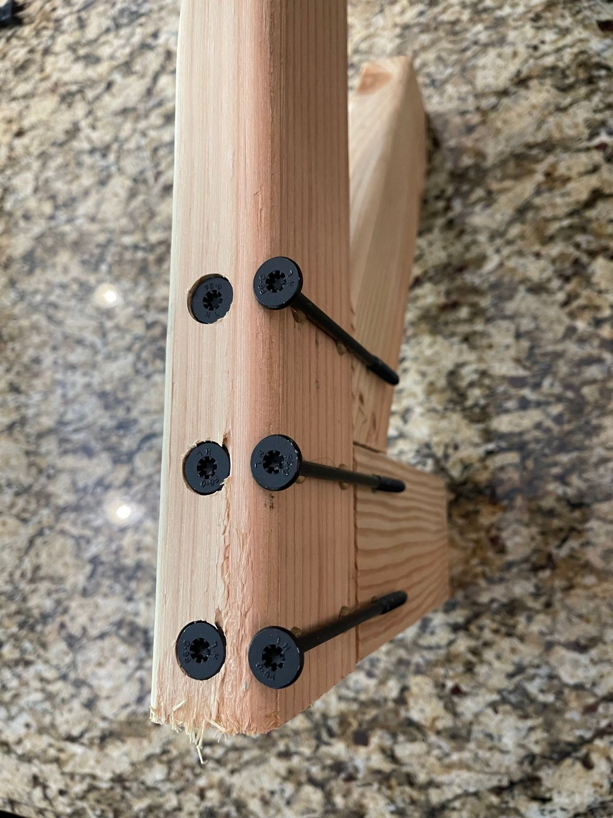 Close-up of gate frame corner showing countersunk Torx screws securing the cedar joint