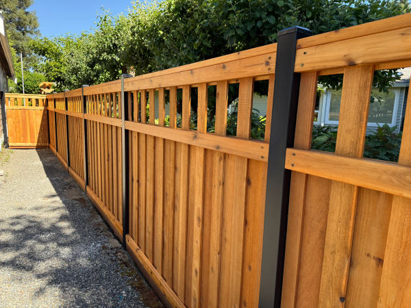 Craftsman Style fence with pre-stained cedar and custom gate in Kennydale, Renton, WA