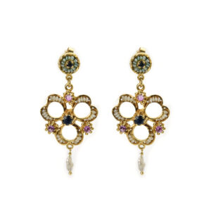 Orecchini Vintage in Oro 18 kt con Zaffiro, Rubini e perline