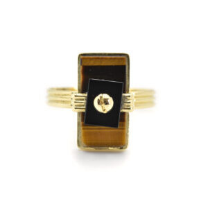 1.3 Anello vintage in oro giallo 18kt occhio di tigre e onice