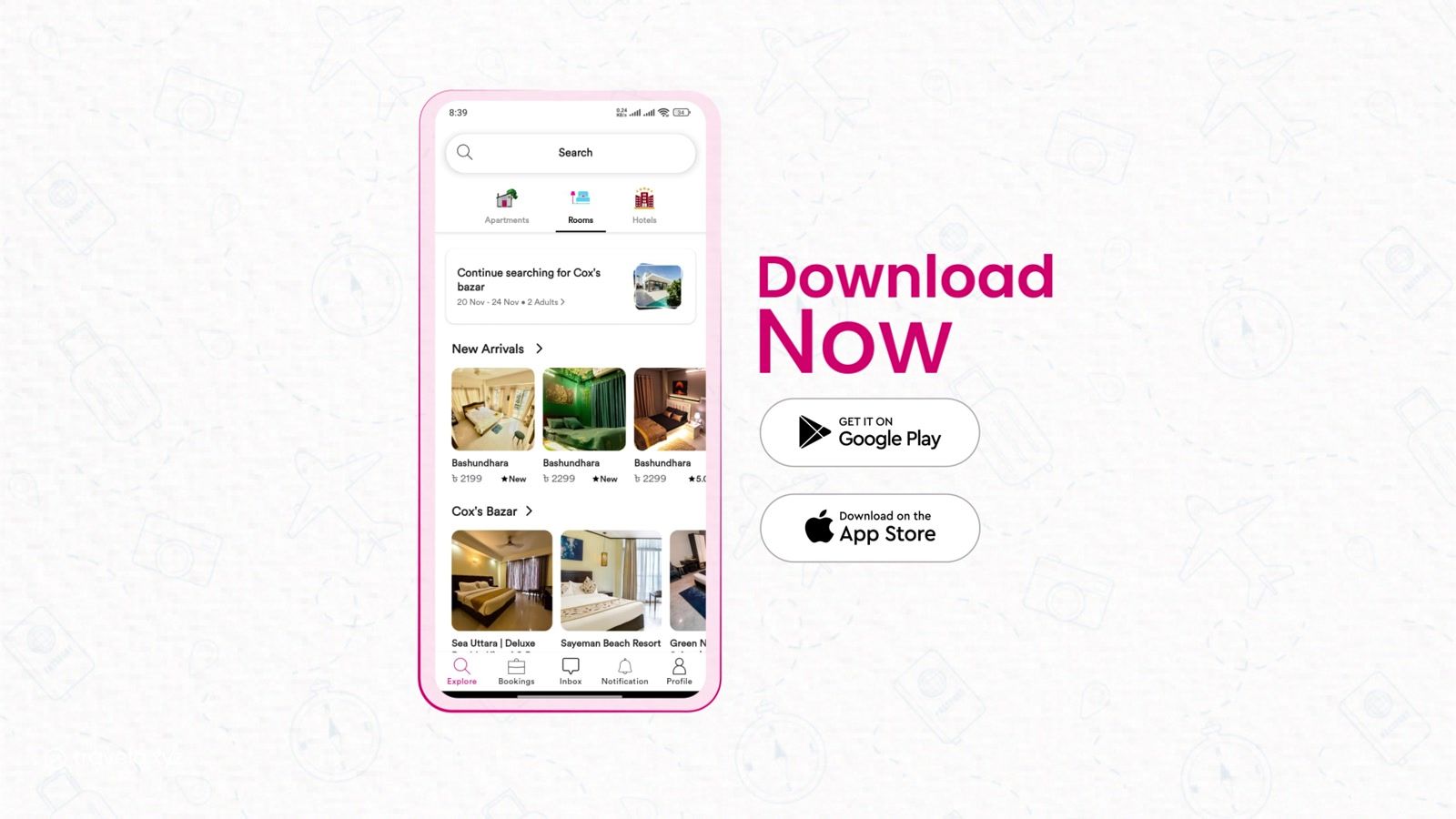 App reveal with Google Play and App Store badges.