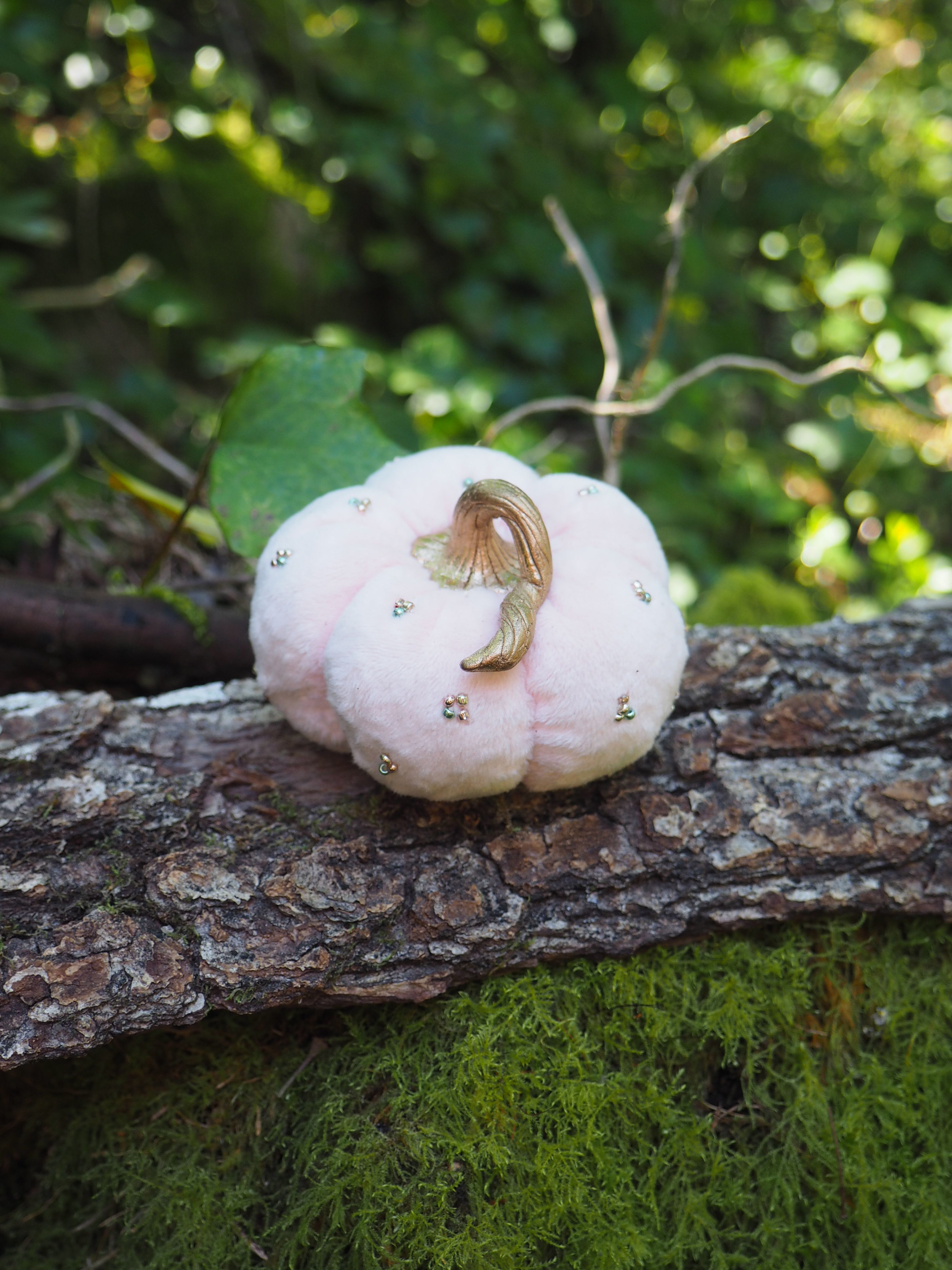 Cette image montre une petite citrouille décorative de couleur blanche ou rose pâle, posée sur un tronc d'arbre ou une branche couverte de mousse verte. La citrouille semble être ornée de petits détails décoratifs et porte un élément métallique doré qui ressemble à une tige ou un ornement en forme de feuille. L'arrière-plan est flou mais verdoyant, suggérant un cadre naturel en extérieur. C'est une composition très délicate et artistique qui évoque l'automne et une ambiance féerique ou enchantée.
