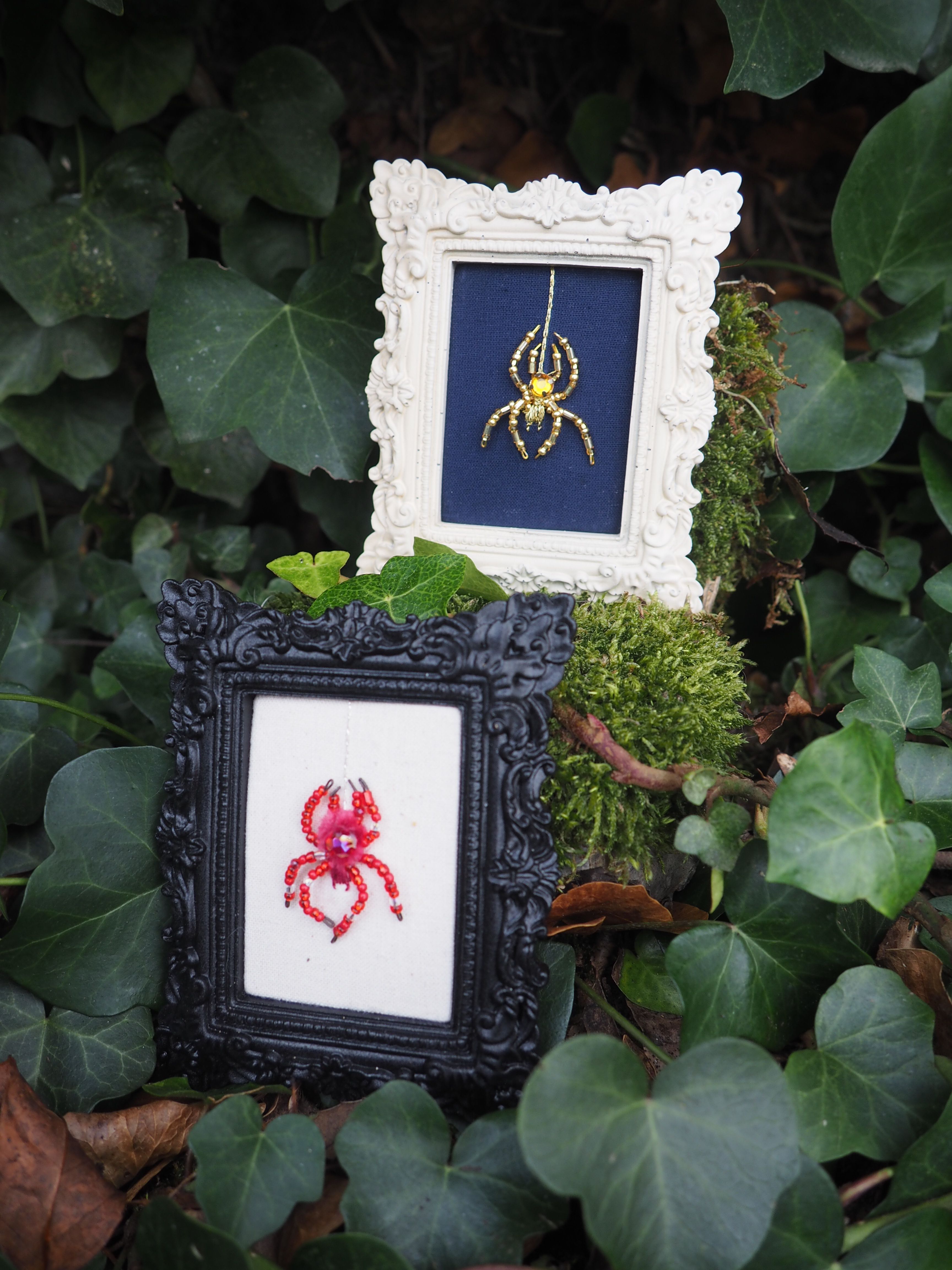 Cette image présente deux petits tableaux brodés disposés dans un environnement naturel luxuriant.  **Les œuvres :**
- **Cadre blanc orné** : Contient une broderie représentant une araignée dorée sur fond bleu marine. Le cadre présente des détails décoratifs en relief qui lui donnent un aspect vintage et élégant.
- **Cadre noir sculpté** : Abrite une broderie d'un crabe rouge sur fond blanc. Le cadre noir arbore des motifs ornementaux complexes qui créent un bel effet de contraste. **L'environnement :**
Les deux œuvres sont artistiquement disposées au milieu d'une végétation dense composée de :
- Grandes feuilles vertes (qui semblent être du lierre ou une plante similaire)
- Mousse verte qui tapisse le sol
- Feuilles mortes qui ajoutent des tons chauds à la composition **L'effet artistique :**
Cette mise en scène crée un contraste saisissant entre l'art décoratif raffiné des broderies et l'environnement naturel sauvage, évoquant peut-être le thème des créatures dans leur habitat naturel. La composition photographique met en valeur à la fois le travail artisanal minutieux et la beauté de la nature environnante.