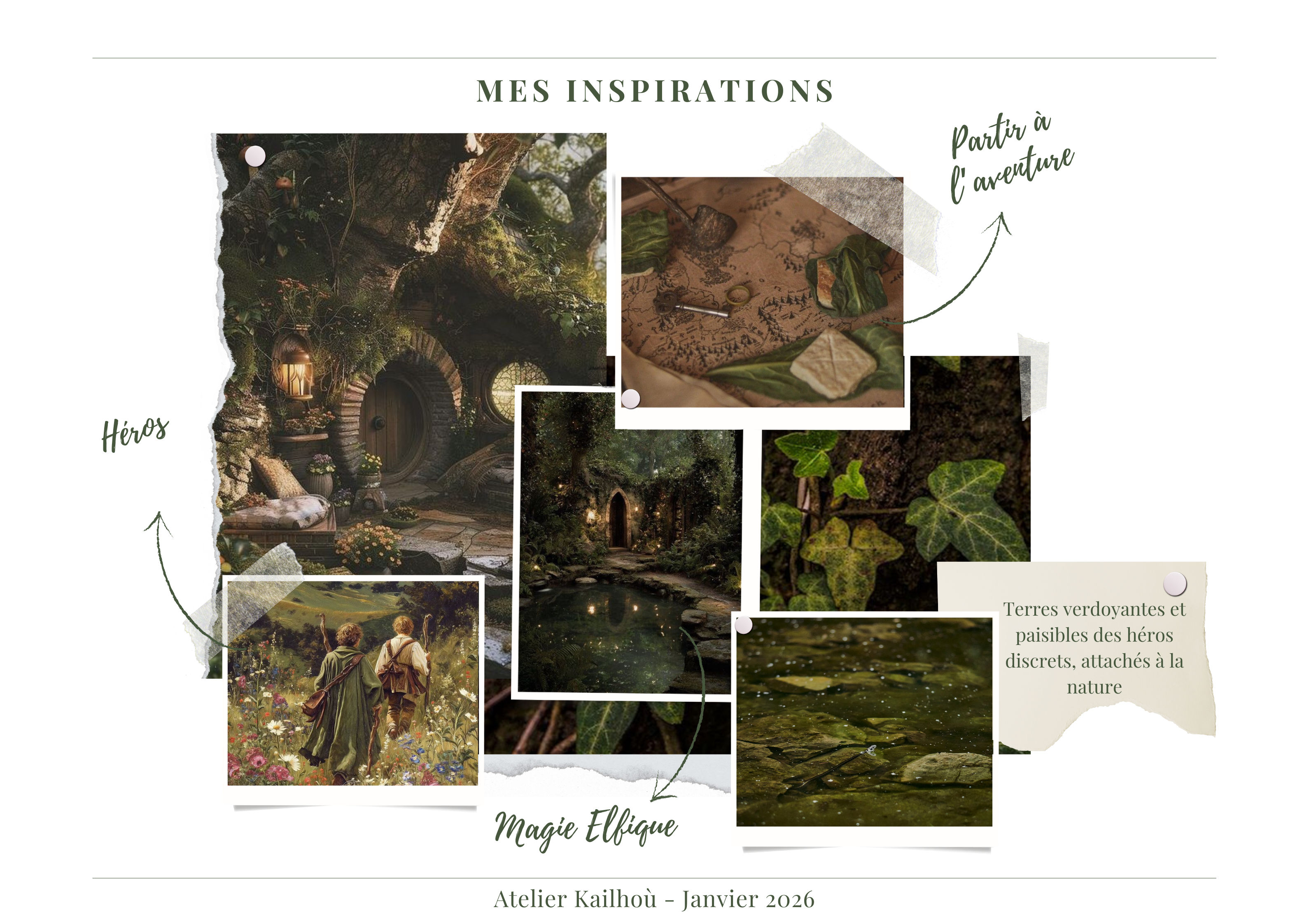 This image is a mood board titled "MES INSPIRATIONS" (My Inspirations), likely for a creative project, possibly related to fantasy, nature, or a specific aesthetic. The overall theme appears to be inspired by a blend of fantasy, nature, and adventure, reminiscent of settings like J.R.R. Tolkien's Middle-earth. Here's a breakdown of the visual properties and elements: **Overall Layout and Aesthetic:**
*   The mood board is presented on a clean white background.
*   Images are arranged in a somewhat scattered, yet organized, collage style, with some overlapping.
*   Many images appear to be "pinned" or "taped" to the background, giving it a handcrafted, scrapbook-like feel.
*   The color palette is dominated by greens, browns, and earthy tones, with touches of warm light from windows or lanterns. **Key Visual Elements and Their Themes:** 1.  **Hobbiton-like Dwelling (Top Left & Center):**
    *   Two prominent images depict cozy, round-doored dwellings built into hillsides, surrounded by lush greenery, flowers, and trees. These strongly evoke the Shire from *The Lord of the Rings*.
    *   One image shows the exterior during what appears to be dusk or night, with warm light emanating from windows.
    *   Another shows a similar dwelling, possibly at a different angle or time of day, with a path leading up to it.
    *   These images contribute to themes of comfort, home, nature integration, and perhaps a sense of hidden magic. 2.  **Adventure and Journey (Bottom Left):**
    *   An image shows two figures, likely adventurers or travelers, from behind, walking through a vibrant, flower-filled landscape with rolling hills in the background. Their attire suggests a fantasy setting.
    *   This image directly supports the "Héros" (Heroes) and "Partir à l'aventure" (Go on an adventure) annotations. 3.  **Maps and Ancient Knowledge (Top Right):**
    *   An image features an old, rolled-up map or parchment, possibly with some leaves or natural elements placed on it.
    *   This element ties into themes of exploration, discovery, ancient lore, and the journey itself. 4.  **Nature Details (Middle Right & Bottom Right):**
    *   Several close-up images focus on natural elements:
        *   One shows ivy growing on dark soil or a tree trunk, highlighting textures and organic patterns.
        *   Another depicts a shallow stream or riverbed with clear water and mossy rocks, emphasizing natural tranquility and untouched landscapes.
    *   These images reinforce the connection to nature and the "Terres verdoyantes et paisibles des héros discrets, attachés à la nature" (Green and peaceful lands of discreet heroes, attached to nature) annotation. **Textual Annotations:**
*   **"MES INSPIRATIONS"**: The main title at the top.
*   **"Héros"**: Pointing to the image of the two travelers, signifying heroism or protagonists.
*   **"Partir à l'aventure"**: Pointing to the map and the general adventurous feel, meaning "To go on an adventure."
*   **"Magie Elfique"**: Pointing to the Hobbiton-like dwellings and the overall mystical atmosphere, meaning "Elven Magic."
*   **"Terres verdoyantes et paisibles des héros discrets, attachés à la nature"**: A descriptive phrase on a torn paper snippet, meaning "Green and peaceful lands of discreet heroes, attached to nature." This summarizes the core aesthetic and narrative elements.
*   **"Atelier Kailhoù - Janvier 2026"**: A footer indicating the creator/project and date. **Overall Impression:**
The mood board successfully conveys a strong sense of fantasy, adventure, and a deep connection to nature. It evokes feelings of wonder, coziness, and the call of the wild, likely serving as inspiration for a project that aims to capture these themes. The visual elements are cohesive and work together to build a rich, imaginative world.