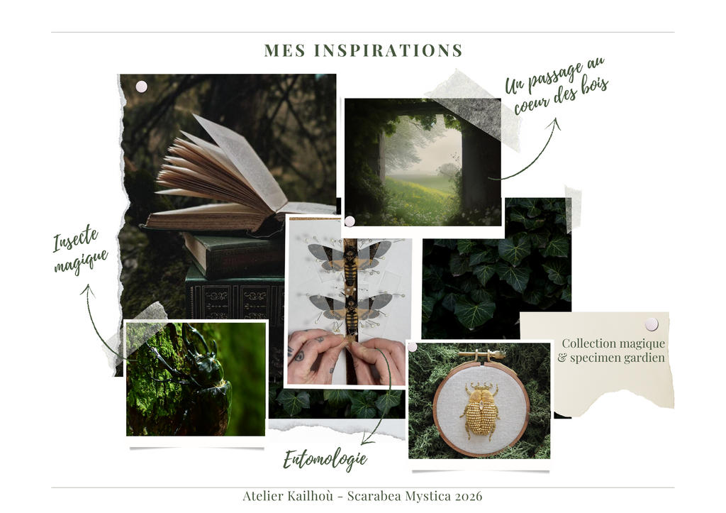 This image is a mood board titled "MES INSPIRATIONS" (My Inspirations), featuring a collection of images and text snippets that evoke a mystical, nature-inspired, and somewhat dark academic aesthetic, with a particular focus on insects and the forest. Here's a breakdown of the visual properties and objects: **Overall Layout and Aesthetic:**
*   The background is a clean, light off-white or cream color, providing a neutral canvas for the collage.
*   The images are arranged in an overlapping, somewhat organic fashion, as if pinned or taped to a board. Some images have torn or distressed edges, adding to a handmade, rustic feel.
*   Small, dark pushpins and pieces of light-colored tape (resembling masking tape) are used to "attach" the images, reinforcing the mood board concept.
*   Arrows and handwritten-style text labels connect some images to their descriptions or themes.
*   The color palette is predominantly earthy and natural, with deep greens, browns, and muted tones, creating a cohesive and atmospheric look. **Key Images and Their Descriptions:** 1.  **Top Left - Open Book in Forest:**
    *   **Subject:** An old, open book with many pages, resting on a stack of other books. The setting appears to be a dark, mossy forest floor or a similar natural, overgrown environment.
    *   **Colors:** Dominated by deep greens, browns, and shadows. The book pages are a warm, aged off-white.
    *   **Texture:** Visible texture of moss, tree bark, and aged paper.
    *   **Associated Text:** "Insecte magique" (Magical insect) points to this image, suggesting a connection between nature, magic, and knowledge. 2.  **Top Middle - Misty Forest Path:**
    *   **Subject:** A serene, misty path winding through a lush green forest. A structure, possibly a stone archway or part of a building, is visible on the right, partially obscured by foliage.
    *   **Colors:** Soft greens, grays, and whites from the mist.
    *   **Atmosphere:** Ethereal, mysterious, and tranquil.
    *   **Associated Text:** "Un passage au cœur des bois" (A passage in the heart of the woods) perfectly describes the scene. 3.  **Middle Right - Dark Green Leaves:**
    *   **Subject:** A close-up of dark green, possibly ivy or similar foliage, with visible veins and a slightly glossy texture.
    *   **Colors:** Deep, rich greens, with some darker shadows.
    *   **Texture:** Organic, leafy texture.
    *   **Atmosphere:** Lush, natural, and slightly mysterious due to the dark tones. 4.  **Center - Hands Holding Insect Specimens:**
    *   **Subject:** A pair of hands (likely human) carefully holding or arranging several insect specimens, possibly moths or butterflies, on a light background. The insects are pinned or mounted.
    *   **Colors:** Muted tones of the insects (grays, browns), skin tones of the hands, and a light background.
    *   **Detail:** Shows intricate details of the insect wings.
    *   **Associated Text:** "Entomologie" (Entomology) points to this image, clearly indicating a scientific or artistic interest in insects. 5.  **Bottom Left - Mossy Tree Trunk/Root:**
    *   **Subject:** A close-up of a tree trunk or root heavily covered in vibrant green moss, possibly with some water droplets or reflections, giving it a wet appearance.
    *   **Colors:** Intense greens, with darker shadows.
    *   **Texture:** Rich, spongy texture of moss.
    *   **Atmosphere:** Organic, ancient, and alive. 6.  **Bottom Right - Embroidered Beetle:**
    *   **Subject:** A circular embroidery hoop holding a piece of fabric with an intricately embroidered beetle or scarab. The embroidery is detailed, possibly using gold or metallic threads, giving the insect a realistic yet artistic representation.
    *   **Colors:** White fabric, golden/brownish embroidery, and the natural wood color of the hoop.
    *   **Texture:** Fabric texture, raised embroidery.
    *   **Associated Text:** "Collection magique de specimen gardien" (Magical collection of guardian specimens) points to this image, linking the embroidered insect to a magical or protective theme. **Text Elements:**
*   **"MES INSPIRATIONS"**: The main title at the top, in a elegant, slightly distressed serif font.
*   **"Insecte magique"**: Handwritten-style label, pointing to the open book