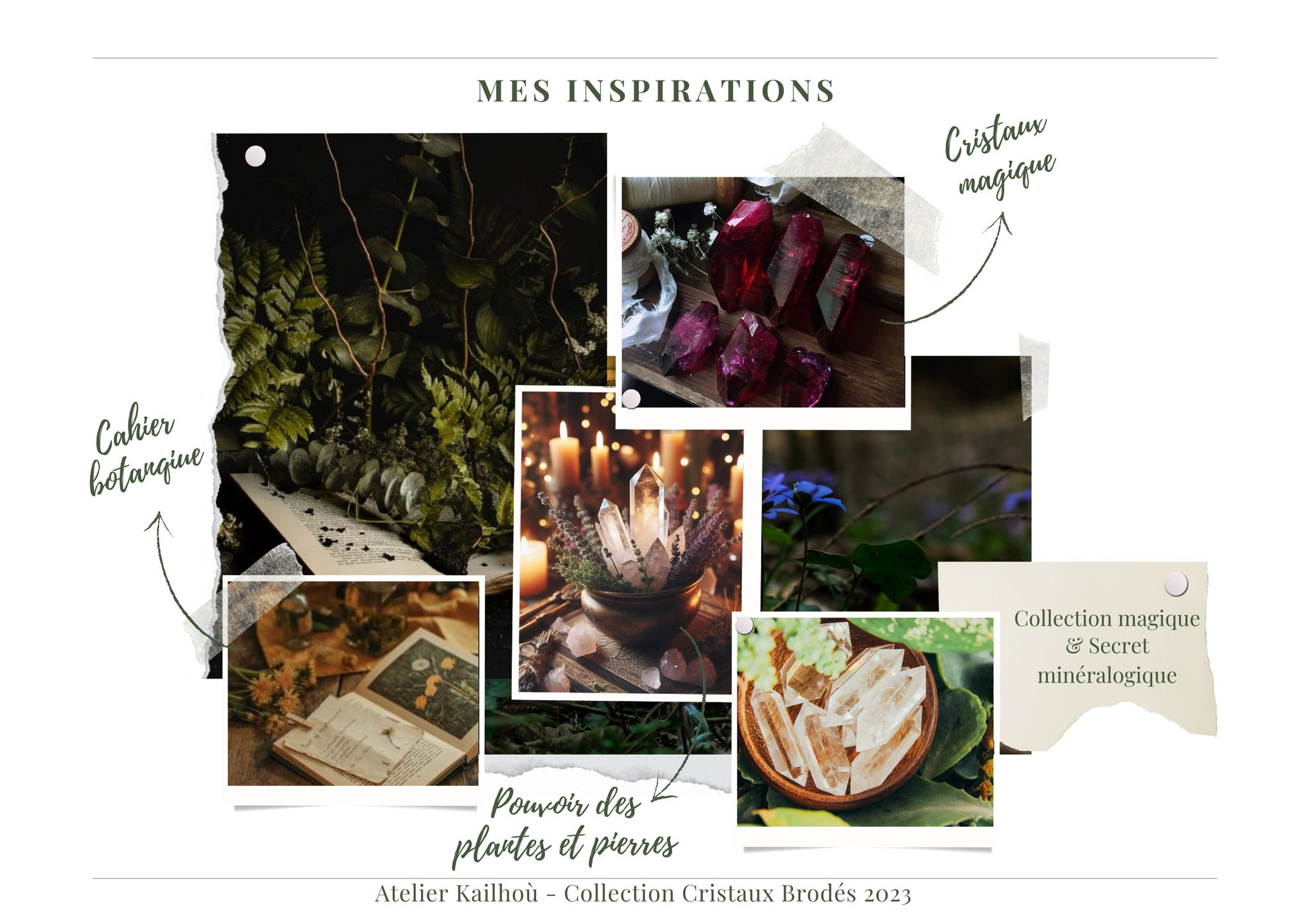 Cette image est un mood board ou planche d'inspiration qui semble être liée à une collection artistique ou botanique. Elle comprend plusieurs photos disposées de manière artistique avec des annotations en français. On peut voir :
- Des éléments botaniques et naturels (plantes, feuillages)
- Des bougies allumées créant une ambiance mystique
- Des cristaux ou minéraux de couleur pourpre/bordeaux
- Des champignons ou éléments organiques de couleur claire
- Une fleur bleue
- Un livre ou document ancien
- Des notes manuscrites indiquant "Collection botanique" et "Cristaux magiques" Le titre en haut indique "MES INSPIRATIONS" et en bas on peut lire "Atelier Kailhon - Collection Cristaux froissés 2023" L'ensemble crée une atmosphère naturelle, mystique et poétique, mélangeant des éléments de la nature avec une touche de magie et d'ésotérisme. Les couleurs dominantes sont les tons naturels, le vert, le pourpre et le brun.