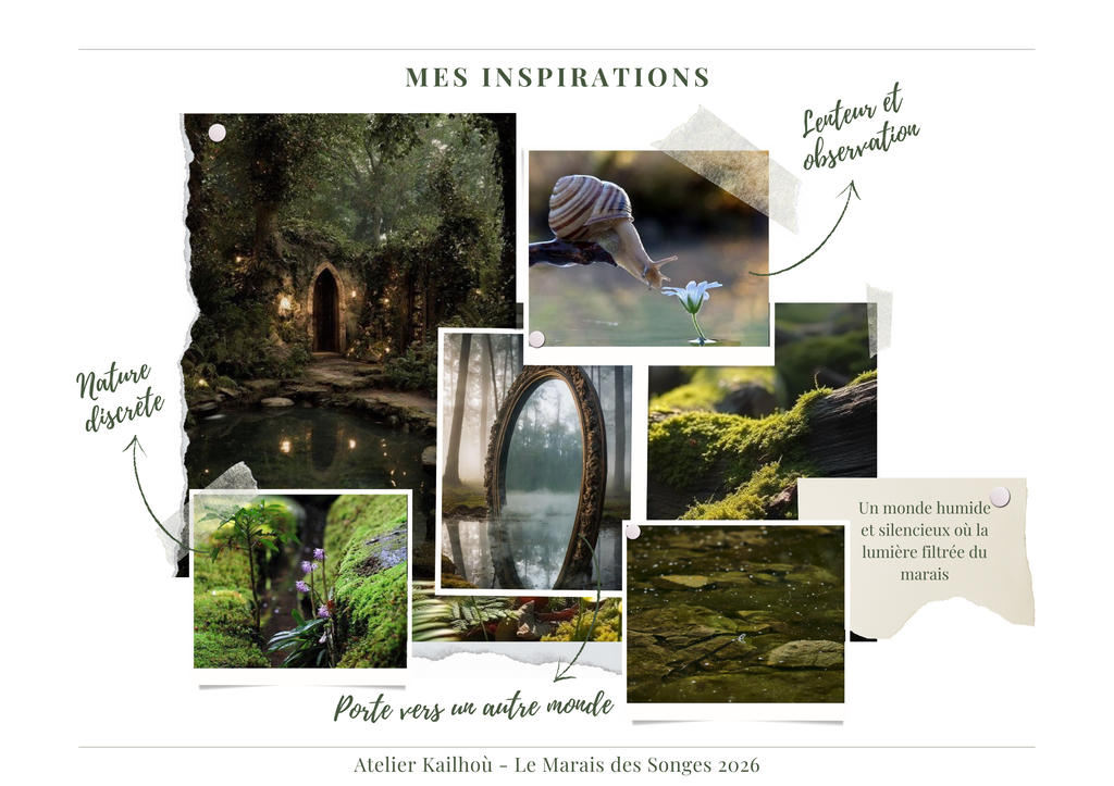 This image is a mood board titled "MES INSPIRATIONS" (My Inspirations), likely for a creative project or brand called "Atelier Kailhoù - Le Marais des Songes 2026" (Kailhoù Workshop - The Marsh of Dreams 2026). The overall aesthetic is ethereal, natural, and somewhat mystical, focusing on themes of nature, tranquility, and a sense of wonder. Here's a breakdown of the visual properties and themes: **Overall Aesthetic & Color Palette:**
*   **Dominant Colors:** Greens (mossy, forest greens), browns (earthy tones, wood), muted grays, and soft whites/creams.
*   **Lighting:** Predominantly soft, diffused, and often dappled light, suggesting a forest or marsh environment. There's a magical quality to some of the lighting, especially in the forest scene with glowing lights.
*   **Mood:** Serene, mysterious, enchanting, contemplative, and organic. **Key Visual Elements & Themes:** 1.  **"Nature discrete" (Discrete Nature) - Left Side:**
    *   **Large Image (Top Left):** A fantastical, overgrown stone archway or door nestled within a lush, dark forest. Small, warm lights (like fireflies or fairy lights) illuminate the path and the water in front of it, creating a magical, hidden entrance feel. This strongly evokes the "Porte vers un autre monde" (Door to another world) theme.
    *   **Small Image (Bottom Left):** A close-up of vibrant green moss covering wood or rocks, with small purple flowers peeking through. This emphasizes the intricate beauty of small details in nature. 2.  **"Lenteur et observation" (Slowness and Observation) - Top Right:**
    *   **Image:** A large snail slowly moving towards a delicate white flower, possibly a water lily or similar aquatic bloom. The focus is sharp on the snail and flower, with a soft, blurred background, highlighting a moment of quiet interaction and detailed observation. 3.  **"Un monde humide et silencieux où la lumière filtrée du marais" (A humid and silent world where the light filtered from the marsh) - Bottom Right:**
    *   **Image (Top):** A close-up of moss-covered logs or branches, with soft, diffused light highlighting the texture of the moss. This reinforces the "humid" and "marsh" aspects.
    *   **Image (Bottom):** A view of murky water with submerged rocks and floating debris (possibly leaves or small plants). The surface reflects light, and the overall impression is one of stillness and depth, characteristic of a marsh or pond. 4.  **Central & Connecting Elements:**
    *   **Image (Middle):** A vintage, ornate mirror standing upright in a misty, ethereal forest or marshland. The reflection in the mirror is obscured by mist or water, adding to the mystery and the "other world" concept. This image is a strong visual anchor for the "Porte vers un autre monde" theme.
    *   **Image (Bottom Center):** A close-up of green foliage, possibly aquatic plants or moss, with hints of red or brown, suggesting the rich biodiversity of a marsh. **Textual Elements:**
*   The handwritten-style annotations ("Nature discrete," "Lenteur et observation," "Porte vers un autre monde," "Un monde humide et silencieux où la lumière filtrée du marais") reinforce the themes and provide context for the visual choices.
*   The title "MES INSPIRATIONS" and the project name "Atelier Kailhoù - Le Marais des Songes 2026" clearly state the purpose and context of the mood board. **Overall Impression:**
The mood board successfully conveys a sense of enchantment, tranquility, and a deep connection to a mysterious, untouched natural world, specifically a marsh or forest environment. It suggests a project that values detail, quiet observation, and a touch of fantasy or magic. The use of torn paper edges and tape adds a handcrafted, personal touch to the presentation.