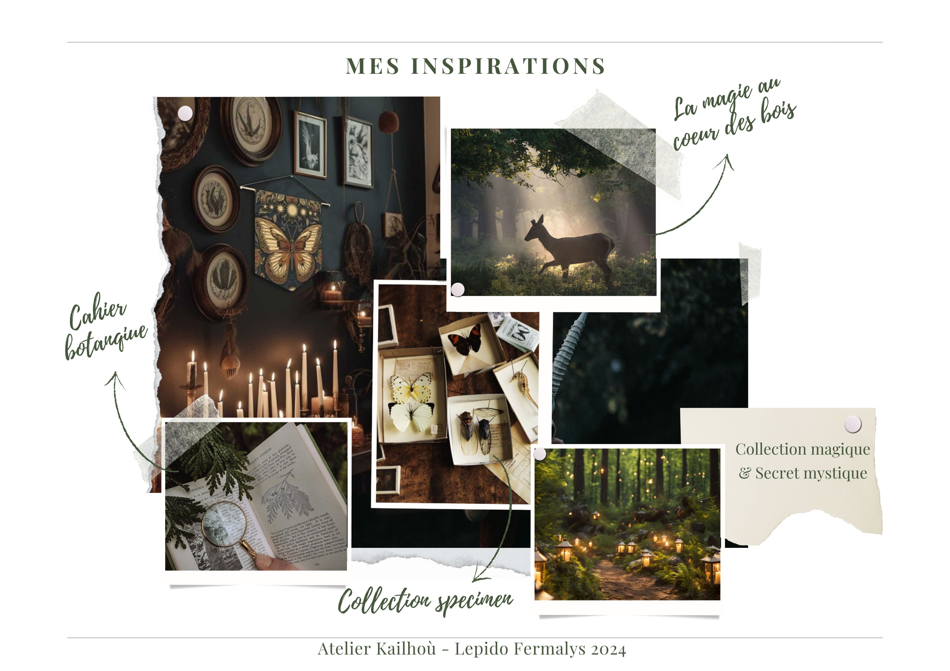 Cette image est un moodboard intitulé "MES INSPIRATIONS". C'est une collection d'images qui semblent représenter différentes sources d'inspiration pour un projet créatif ou artistique. Le moodboard comprend plusieurs éléments : 1. Une image d'un intérieur sombre avec des bougies allumées et des cadres au mur, étiquetée "Cabier botanique". 2. Une photo d'un cerf dans une forêt brumeuse, avec la note "La magie au coeur des bois". 3. Une image montrant des spécimens d'insectes encadrés, étiquetée "Collection spécimen". 4. Une photo d'une forêt avec des lumières, décrite comme "Collection magique & Secret mystique". 5. Une image d'un livre ouvert avec des illustrations botaniques. 6. Quelques autres images partiellement visibles qui semblent s'aligner avec le thème nature et mystique. L'ensemble donne une ambiance mystérieuse, naturelle et vintage. Les couleurs dominantes sont les tons sombres, verts et dorés. Le style général évoque une esthétique de cabinet de curiosités, mêlant nature, science et un soupçon de magie. Au bas de l'image, on peut lire "Atelier Kailholi - Lepido Fernaly's 2024", suggérant que ce moodboard pourrait être lié à un projet ou une collection pour cette année.