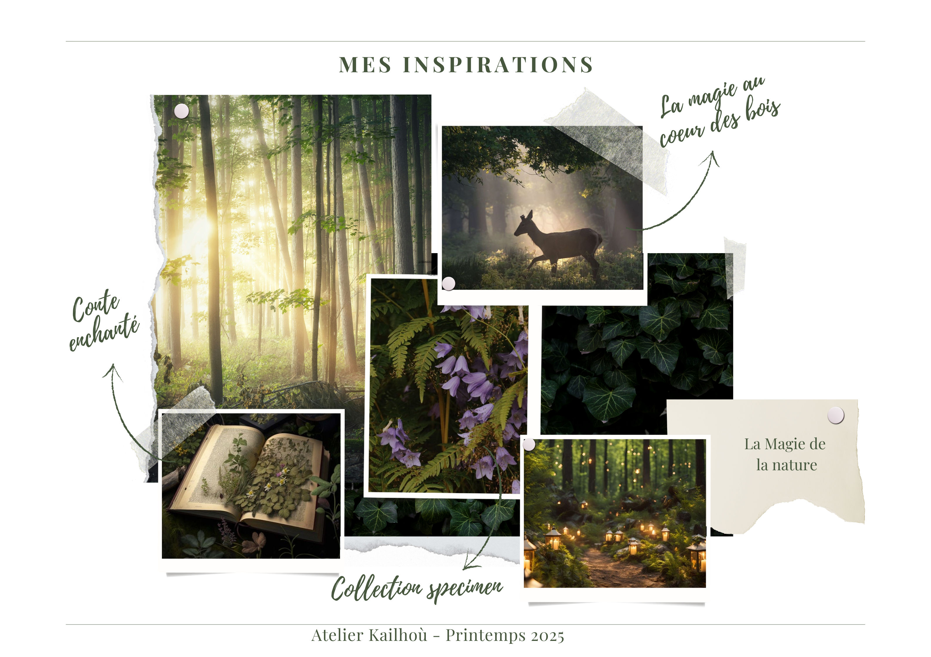 Cette image est un mood board ou tableau d'inspiration intitulé "Mes Inspirations" qui évoque une ambiance féerique et naturelle. Il comprend plusieurs photos disposées de manière artistique : 1. Une grande image de forêt baignée de lumière dorée traversant les arbres
2. Un livre ancien ouvert avec des illustrations naturelles
3. Une silhouette de cerf dans une forêt brumeuse
4. Des fleurs violettes (qui semblent être des campanules ou des digitales)
5. Une scène de forêt avec des lumières magiques au sol, rappelant des lucioles Le tout est présenté dans un style très poétique et mystérieux, avec des annotations en français comme "Conte enchanté" et "La magie se croise des bois". L'ensemble évoque clairement une atmosphère de conte de fées et de magie de la nature. Le bas de l'image indique "Atelier Kalliopi - Printemps 2023", suggérant qu'il s'agit d'un projet ou d'une collection créative. Les tons dominants sont les verts de la forêt, les dorés de la lumière, et quelques touches de violet, créant une palette de couleurs harmonieuse et naturelle.