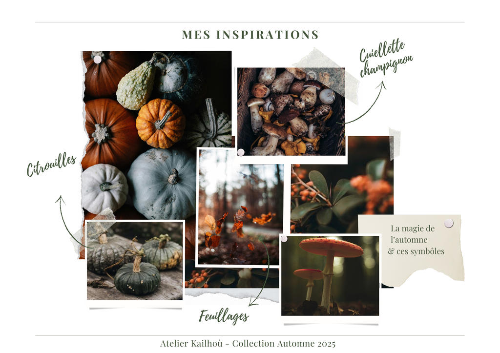 Cette image présente un moodboard automnal intitulé "MES INSPIRATIONS" de l'Atelier Kailhoo pour la Collection Automne 2025. La composition rassemble plusieurs photographies disposées de manière artistique qui capturent l'essence de l'automne : **Éléments visuels principaux :**
- Des courges et citrouilles de différentes variétés (orange, vertes, bleues-grises) étiquetées "Citrouilles"
- Des champignons sauvages dans un panier, marqués "Cueillette champignons"
- Des feuillages dorés et rougeoyants d'automne, annotés "Feuillages"
- Une note poétique "La magie de l'automne et ses symboles" **Palette de couleurs :**
Les tons dominants sont chauds et naturels : oranges profonds, ocres, bruns, verts olive, avec des touches de rouge et de doré qui évoquent parfaitement la saison automnale. **Style et ambiance :**
L'ensemble dégage une atmosphère cosy et naturelle, mettant en valeur les trésors de la nature automnale. La mise en page moderne avec des annotations manuscrites donne un aspect créatif et inspirant, typique d'un moodboard de designer. Cette planche d'inspiration semble destinée à guider une collection créative célébrant les beautés naturelles de l'automne.