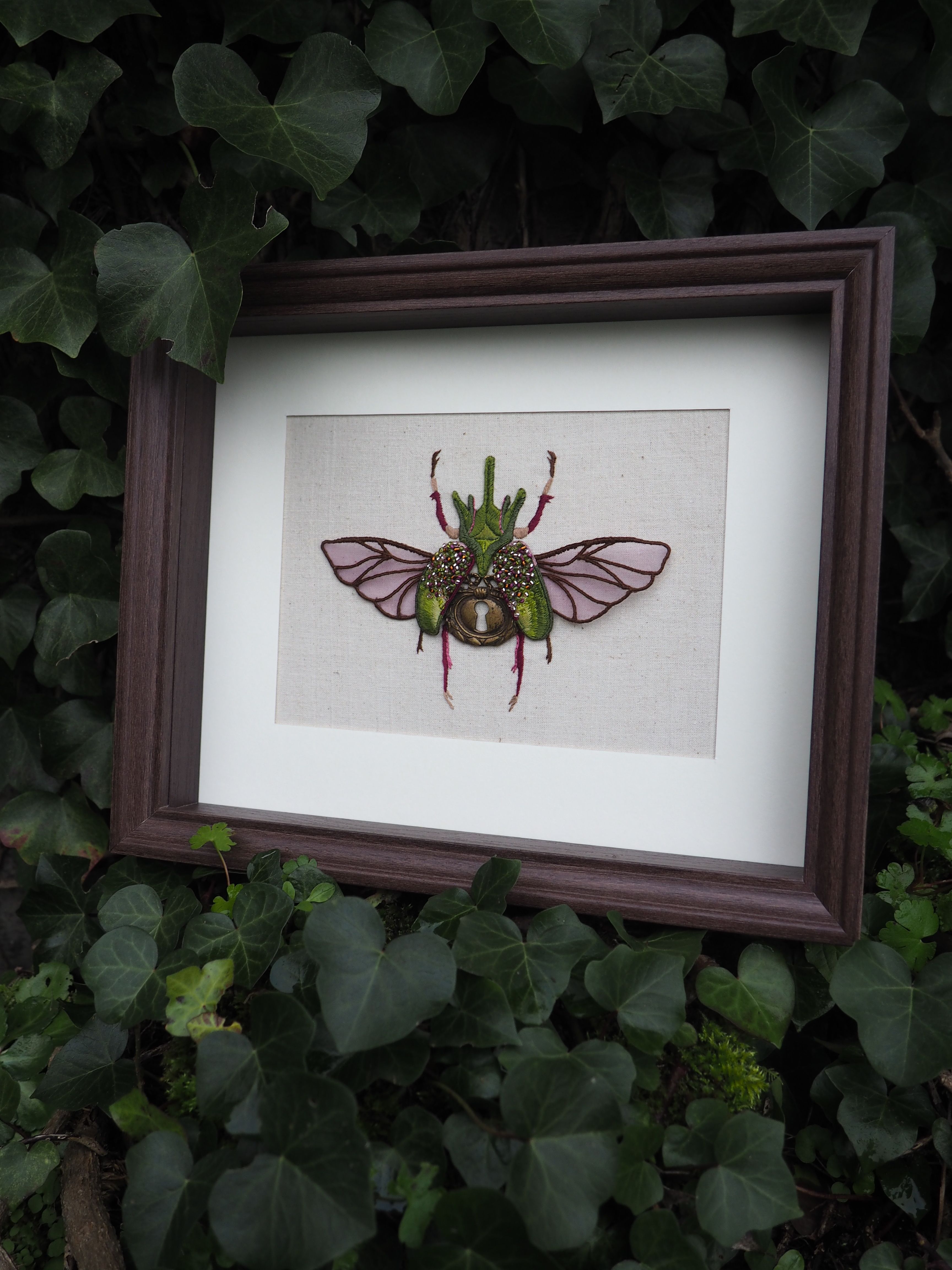 Cette image montre une œuvre d'art encadrée représentant un insecte, plus précisément une sorte de scarabée ou de coléoptère avec des ailes déployées. L'illustration est réalisée avec beaucoup de détails et semble combiner différentes techniques artistiques. Le cadre est en bois foncé et l'œuvre est présentée sur un fond blanc. L'image est photographiée dans un environnement extérieur, entourée de feuilles de lierre vert qui créent un contraste naturel intéressant avec le cadre structuré. L'insecte illustré présente des ailes délicates et un corps orné, montrant un beau mélange de précision scientifique et d'expression artistique.