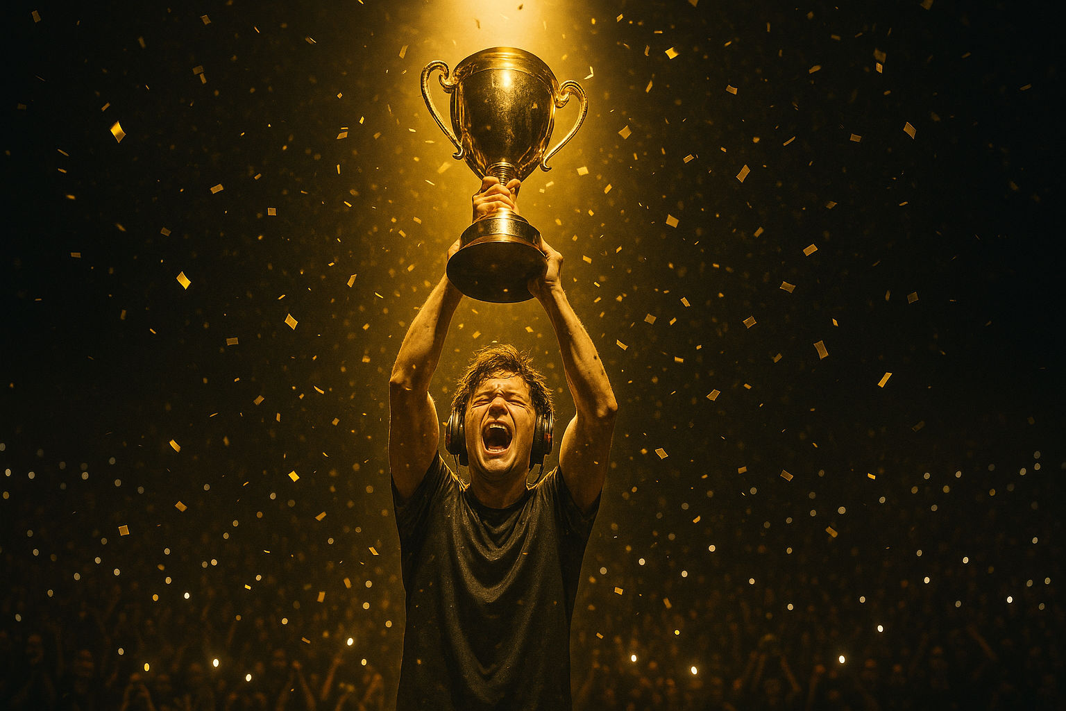 Turnamen eSports dengan sorotan panggung dan pemain fokus di layar