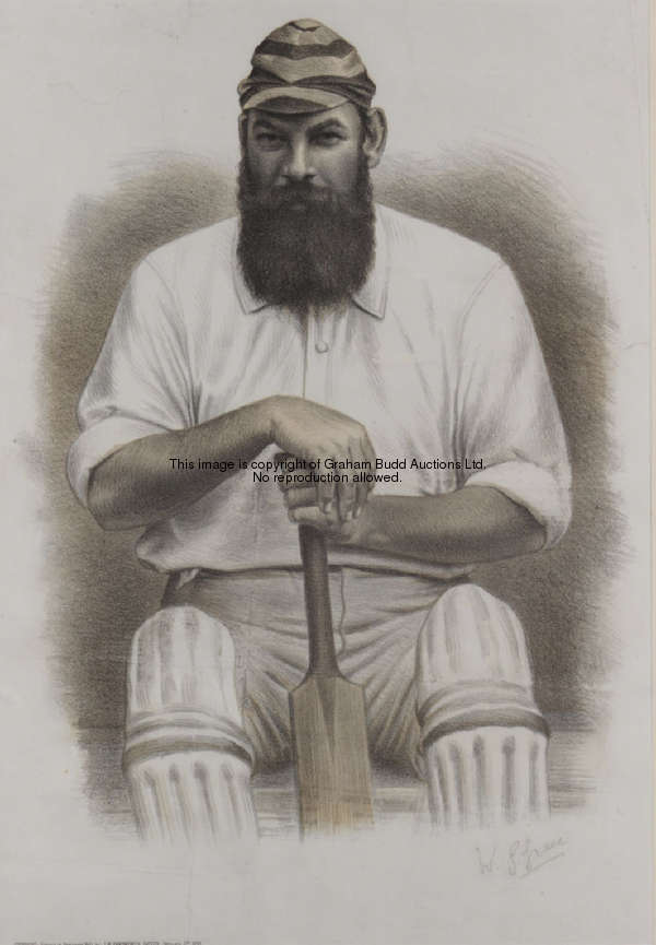 A signed portrait print of W.G. Grace, signed in pencil, published by J.W. Arrowsmith, Bristol, 1890...