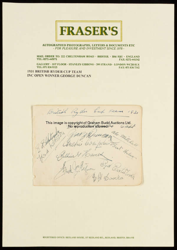 The autographs of the 1931 British Ryder Cup team, including the Open Champion George Duncan, signed...