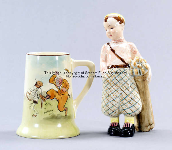 A Royal Doulton ceramic tankard, with a golfing scene after H. Bateman; sold with an Art Deco cerami...