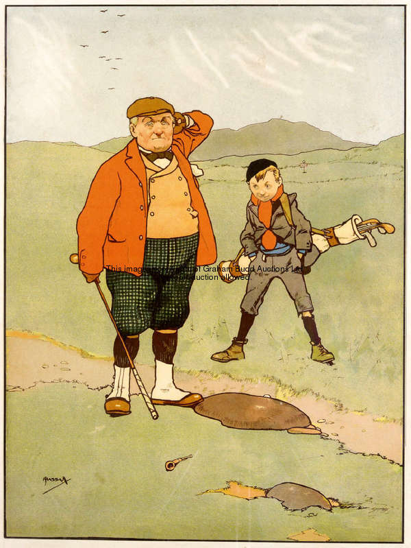 After John Hassall, colour lithographic print of a gentleman golfer and his young caddie, mounted, f...