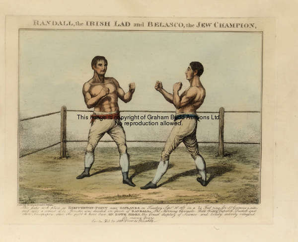 A group of six boxing prints printed rules, published 1743; Randall v Belasco at Shepperton Point, e...