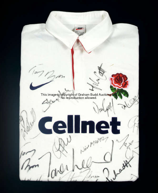 A signed England 'Cellnet' rugby shirt, 28 autographs in black marker pen