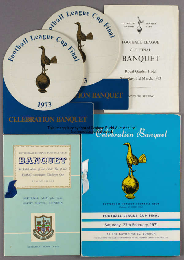 Four Tottenham Hotspur celebration banquet menus, comprising a 1962 F.A. Cup final example, the inte...