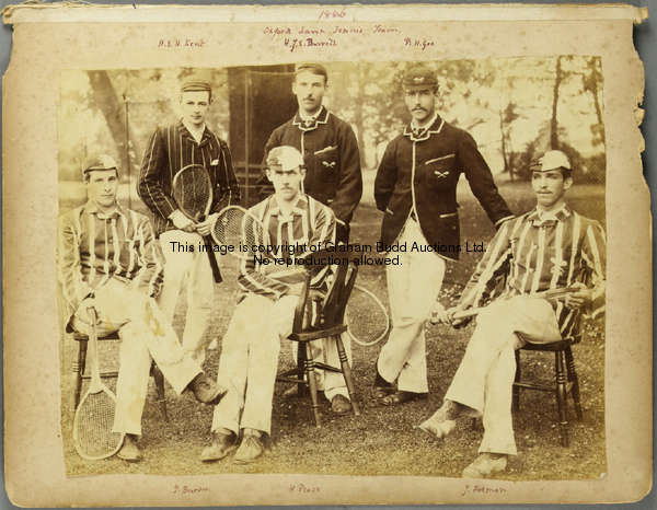 Two period sepia-toned photographs portraying the Oxford & Cambridge University tennis teams of 1887...