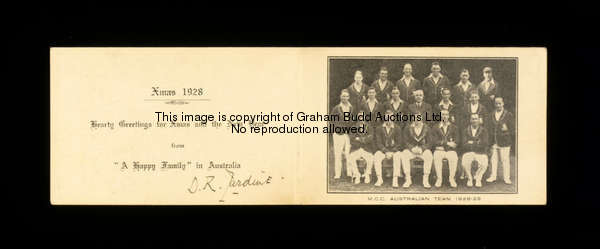 A M.C.C. 1928-29 Tour to Australia Christmas Card signed by D.R. Jardine, signed in ink to inside-le...