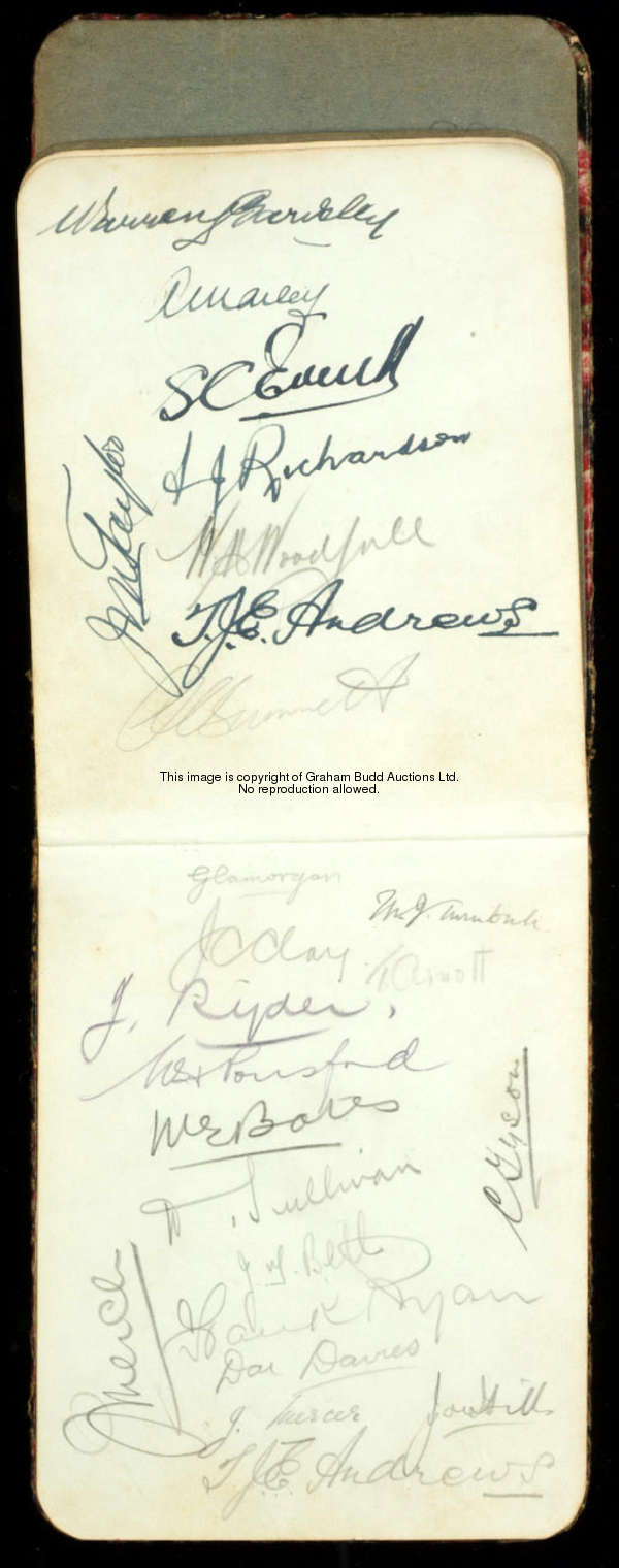 An autograph book, 1930s, with a selection of cricket team-group signatures from the period