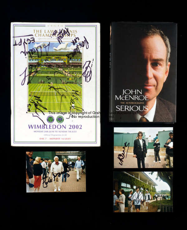 A collection of tennis autographs, comprising 32 signed photographs, 11 signed Wimbledon programmes ...